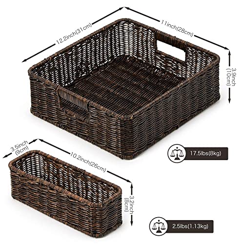 EZOWare Set of 4 Decorative Woven Storage Tray Bins, Resin Wicker Tray Drawer Organizer Basket Containers for Baby Nursery Room - 2 Sizes, Dark Brown