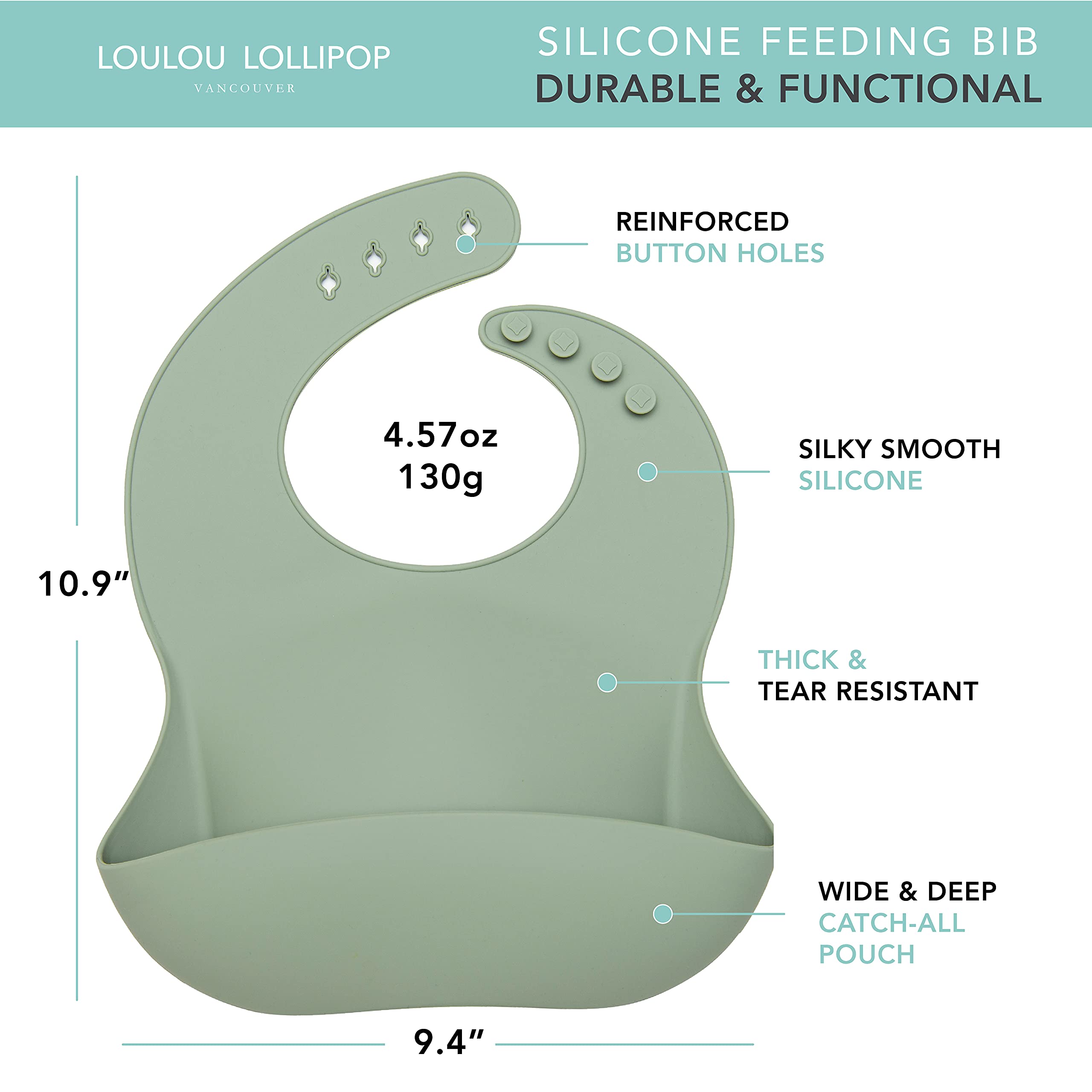 Loulou Lollipop Waterproof Baby Silicone Feeding Bib - Silver Sage