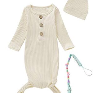 MoryGooder Newborn Cotton Nightgowns Neutral Knotted Sleeper Baby Coming Home Outfit (White,0-6 Months)