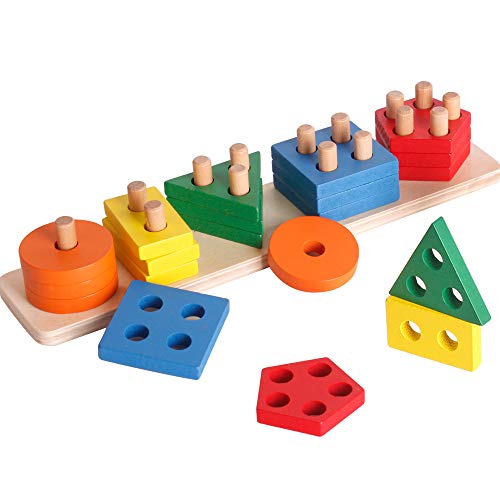 WISBABY Montessori Toys for 1 2 3 Year Old Boys and Girls,Wooden Sorting & Stacking Toy for Toddlers Learning Toys,Educational Toys,Shape Sorter and Color Stacker Preschool Kids Wood Gifts