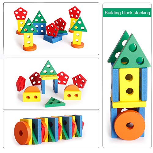 WISBABY Montessori Toys for 1 2 3 Year Old Boys and Girls,Wooden Sorting & Stacking Toy for Toddlers Learning Toys,Educational Toys,Shape Sorter and Color Stacker Preschool Kids Wood Gifts