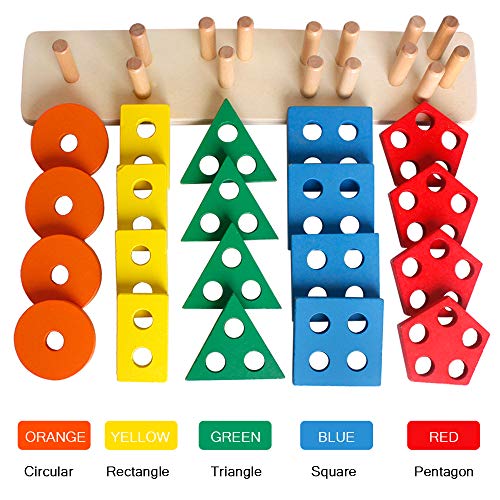 WISBABY Montessori Toys for 1 2 3 Year Old Boys and Girls,Wooden Sorting & Stacking Toy for Toddlers Learning Toys,Educational Toys,Shape Sorter and Color Stacker Preschool Kids Wood Gifts