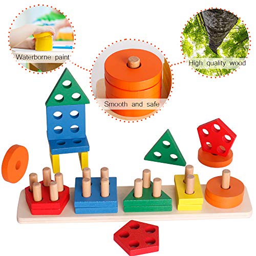 WISBABY Montessori Toys for 1 2 3 Year Old Boys and Girls,Wooden Sorting & Stacking Toy for Toddlers Learning Toys,Educational Toys,Shape Sorter and Color Stacker Preschool Kids Wood Gifts