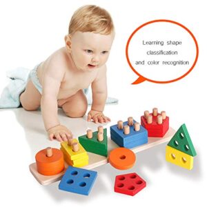 WISBABY Montessori Toys for 1 2 3 Year Old Boys and Girls,Wooden Sorting & Stacking Toy for Toddlers Learning Toys,Educational Toys,Shape Sorter and Color Stacker Preschool Kids Wood Gifts