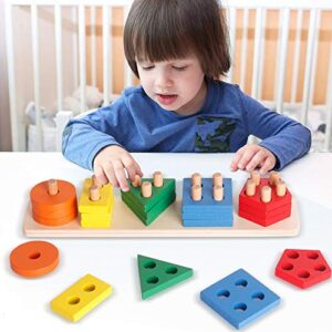 WISBABY Montessori Toys for 1 2 3 Year Old Boys and Girls,Wooden Sorting & Stacking Toy for Toddlers Learning Toys,Educational Toys,Shape Sorter and Color Stacker Preschool Kids Wood Gifts