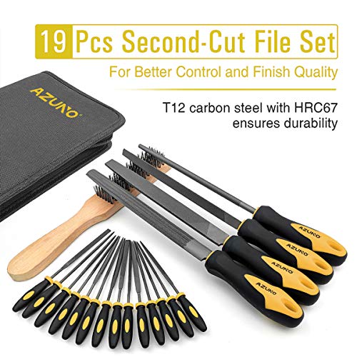 AZUNO 19Pcs Metal File Set in Premium Grade T12 Drop Forged Steel with Carry Case, 4Pcs Flat/Triangle/Half-Round/Round Large Files and 14pcs Needle Files and 1 Steel Brush