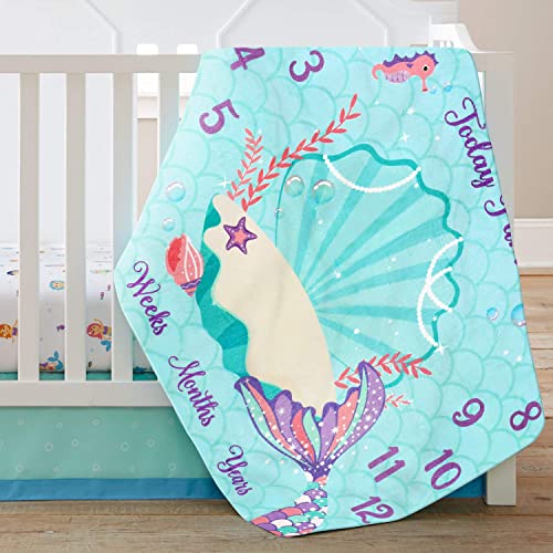 Eunikroko Mermaid Baby Monthly Milestone Blanket Mermaid Fleece Blankets Baby Girls Pictures Growth Tracker Photography Background Weeks Months with Props for Newborn Infants Shower Gift (50” x 40”)