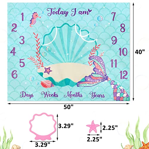 Eunikroko Mermaid Baby Monthly Milestone Blanket Mermaid Fleece Blankets Baby Girls Pictures Growth Tracker Photography Background Weeks Months with Props for Newborn Infants Shower Gift (50” x 40”)