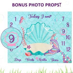 Eunikroko Mermaid Baby Monthly Milestone Blanket Mermaid Fleece Blankets Baby Girls Pictures Growth Tracker Photography Background Weeks Months with Props for Newborn Infants Shower Gift (50” x 40”)