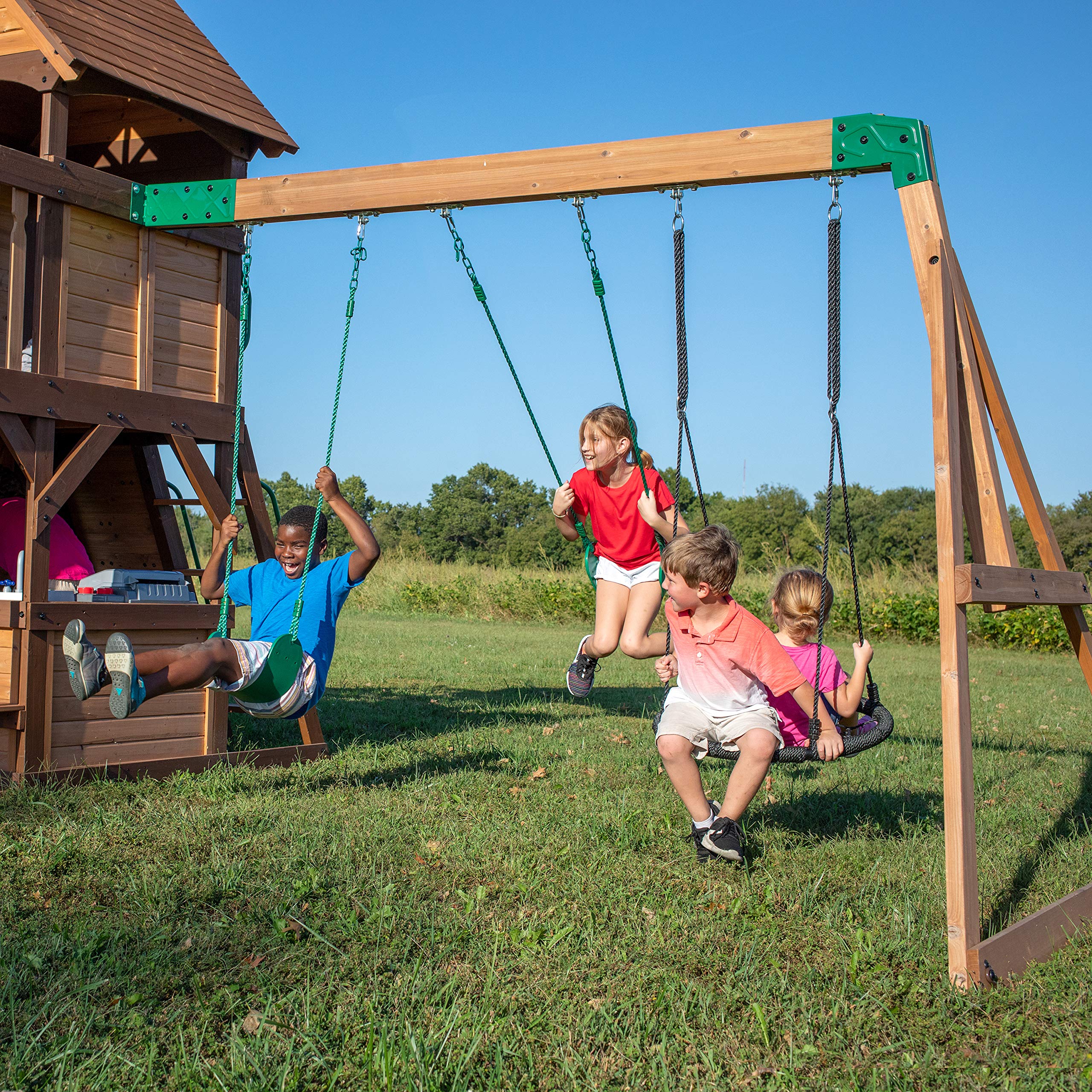 Backyard Discovery, Cedar Cove Wood Swing Set, Playground Fort, Chalkboard, Telescope, Dual Slide, Kitchenette, Wide Swing Lanes, 5ft Rock Wall, Step Ladder