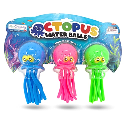 ArtCreativity Octopus Water Balls, Set of 3, Rubber Kids’ Bath Toys, Sensory Stress Relief Pool Toys for Kids, Cute Goodie Bag Fillers for Boys and Girls, Pink, Blue and Green