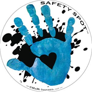 safety spot magnet - kids handprint for car parking lot safety - white with black splat background (blue)