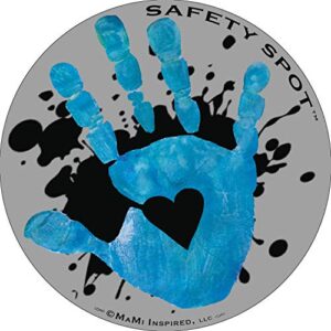 safety spot magnet - kids handprint for car parking lot safety - gray background with splat (blue)