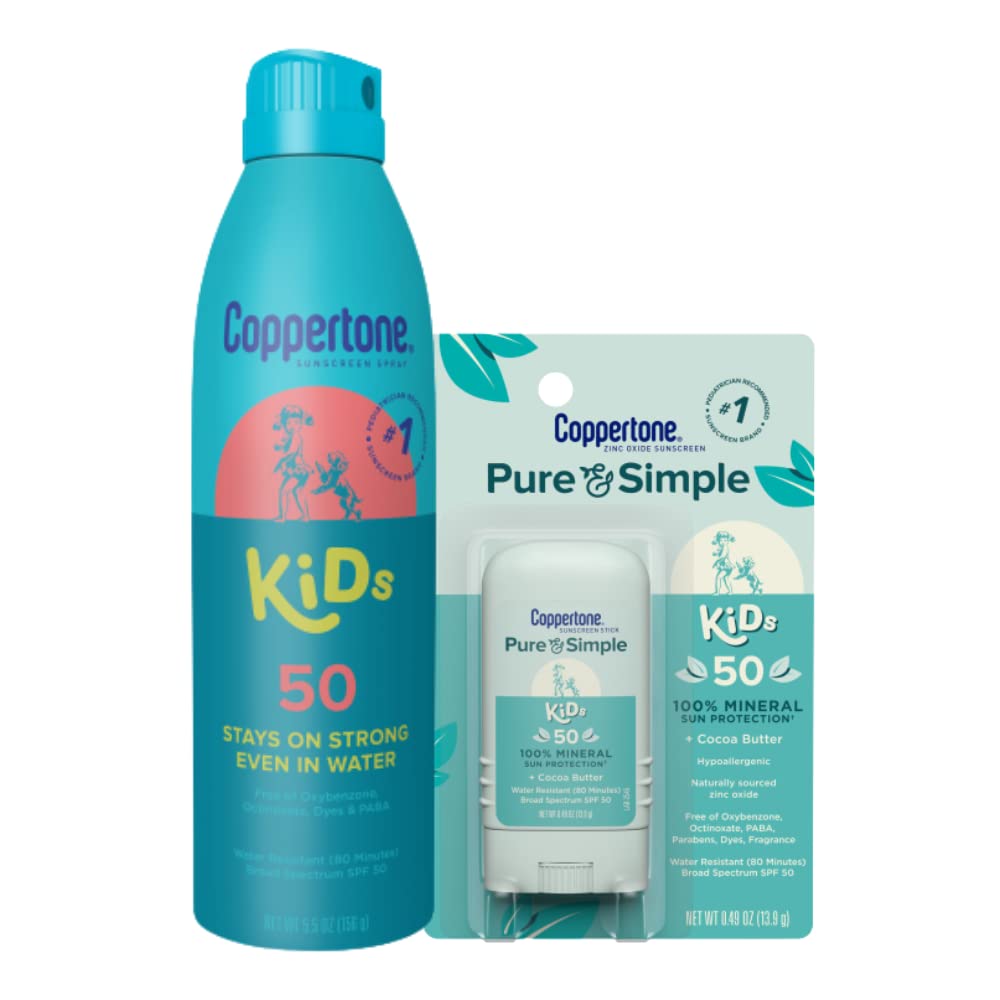 Coppertone Kids Sunscreen Spray SPF 50 + Pure and Simple Kids Sunscreen Stick SPF 50, Zinc Oxide Mineral Sunscreen, #1 Pediatrician Recommended Sunscreen Brand (5.5 Oz Spray + 0.49 Oz Stick)