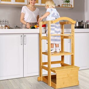 ipow learning stool toddler tower, 3 adjustable height kids step stool for 18-48 months, solid toddler kitchen step stool helper with safety rail for kitchen counter bathroom sink