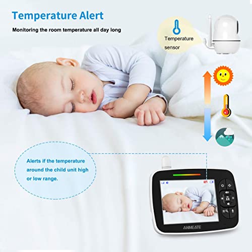 ANMEATE Baby Monitor with Remote Pan-Tilt-Zoom Camera, 3.5” Large Display Video Baby Monitor with Camera and Audio |Infrared Night Vision |Two Way Talk | Room Temperature| Lullabies and 960ft Range