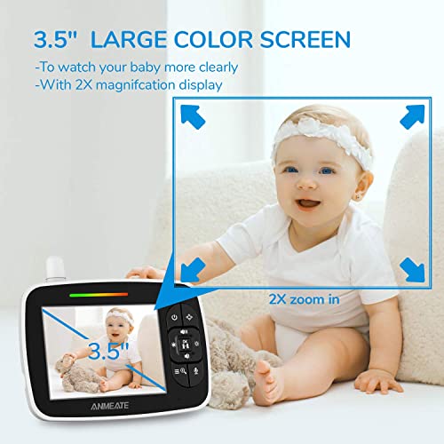 ANMEATE Baby Monitor with Remote Pan-Tilt-Zoom Camera, 3.5” Large Display Video Baby Monitor with Camera and Audio |Infrared Night Vision |Two Way Talk | Room Temperature| Lullabies and 960ft Range