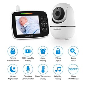 ANMEATE Baby Monitor with Remote Pan-Tilt-Zoom Camera, 3.5” Large Display Video Baby Monitor with Camera and Audio |Infrared Night Vision |Two Way Talk | Room Temperature| Lullabies and 960ft Range