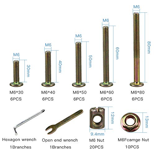 SZHKM 62PCS Furniture Bolts and Nuts, Crib Screws Hardware Replacement Kit,M6 Barrel Nuts for Cribs and Bunk Bed