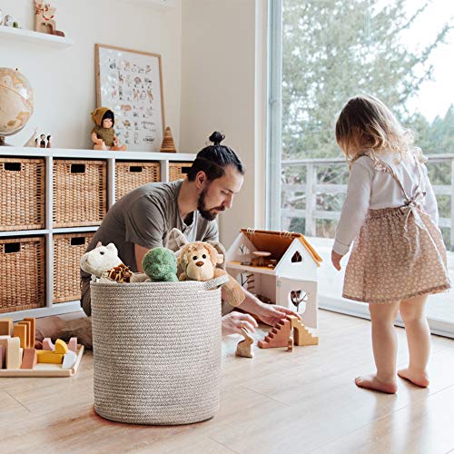 Labcosi Cotton Rope Laundry Basket with Handle-15”x15”x14”, Nursery Hamper and Storage Bin for Blanket, Pillows and Stuffed Animals