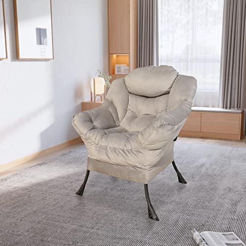 GOLDSUN Accent Chair Lazy Reclining Armchair with Removable Metal Legs and Side Pocket, Comfy Upholstered Single Sofa Chair for Living Room, Bedroom, Office (Grey)