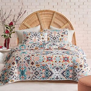 flysheep 3-piece lightweight bohemian geometric full queen quilt set, colorful chic aztec pattern summer bedspread/coverlet, brushed microfiber for all season - 92" x 90"