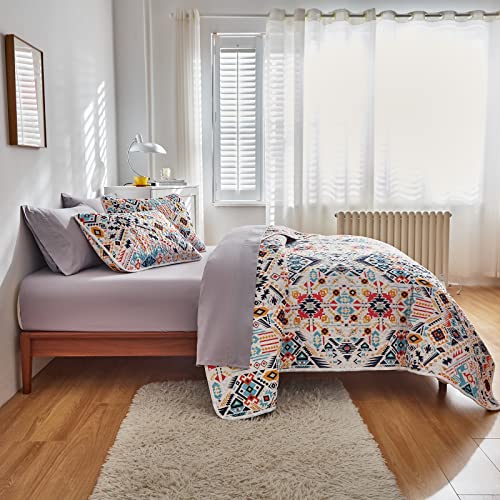 FlySheep 3-Piece Lightweight Bohemian Geometric Full Queen Quilt Set, Colorful Chic Aztec Pattern Summer Bedspread/Coverlet, Brushed Microfiber for All Season - 92" x 90"