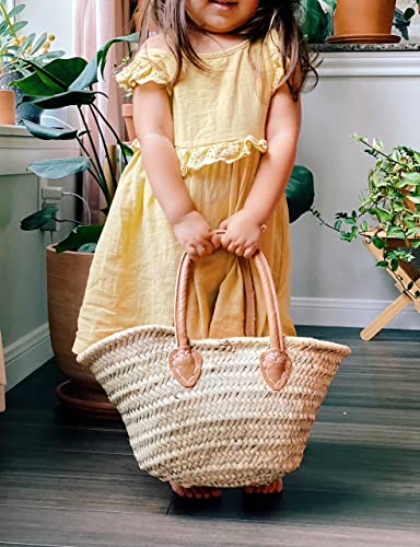 French Market Basket Bag | Handmade Moroccan Seagrass Baskets - Small (14x7) | Wicker Basket for Beach, Laundry, Toy, Blanket, Storage, Baby, or Picnic