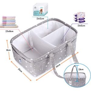 Lemonfilter Baby Diaper Caddy Organizer, Nursery Storage Bin Portable Car Organizer with Detachable Divider and 10 Invisible Pockets for Diapers & Wipes (Grey Star)