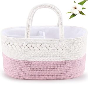 abenkle diaper caddy organizer, stylish cotton rope baby basket changing table nursery storage bin portable car organizer, girls gifts tote bag for baby shower, pink