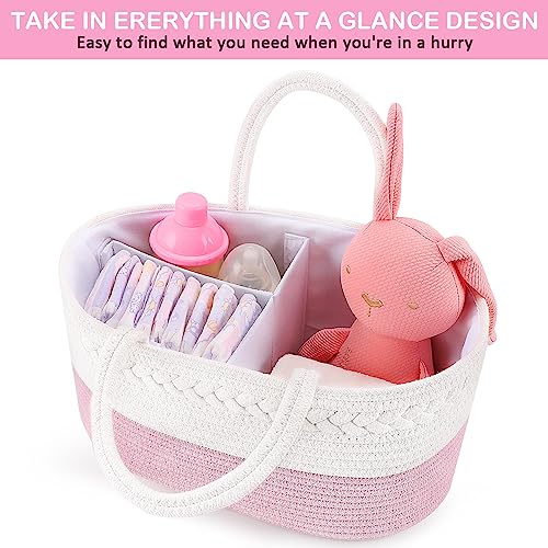 ABenkle Diaper Caddy Organizer, Stylish Cotton Rope Baby Basket Changing Table Nursery Storage Bin Portable Car Organizer, Girls Gifts Tote Bag for Baby Shower, Pink
