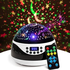 rtosy stars night light projector with timer & music, remote control projection lamp for kids, rotating kids night lights for bedroom, sleep helper and gift choice for babies girls boys (black)