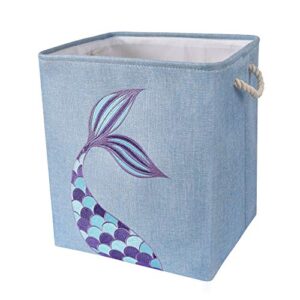 wernnsai mermaid storage bin - 16” × 13” × 18” linen fabric storage baskets collapsible nursery hampers laundry basket boxes cube girls baby gift baskets toys clothes shoes home organizer