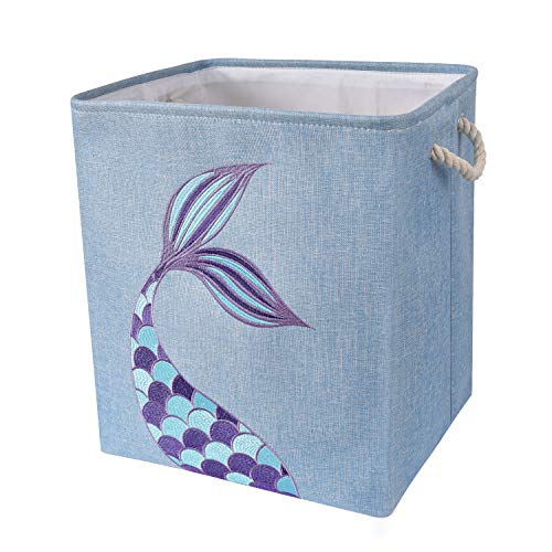 WERNNSAI Mermaid Storage Bin - 16” × 13” × 18” Linen Fabric Storage Baskets Collapsible Nursery Hampers Laundry Basket Boxes Cube Girls Baby Gift Baskets Toys Clothes Shoes Home Organizer