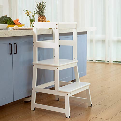 Kitchen Step Stool for Kids and Toddlers with Safety Rail Children Standing Tower for Kitchen Counter, Parents' Helper Kids Learning Stool, White