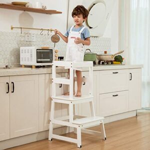 Kitchen Step Stool for Kids and Toddlers with Safety Rail Children Standing Tower for Kitchen Counter, Parents' Helper Kids Learning Stool, White