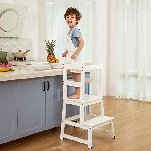 Kitchen Step Stool for Kids and Toddlers with Safety Rail Children Standing Tower for Kitchen Counter, Parents' Helper Kids Learning Stool, White