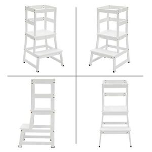 Kitchen Step Stool for Kids and Toddlers with Safety Rail Children Standing Tower for Kitchen Counter, Parents' Helper Kids Learning Stool, White