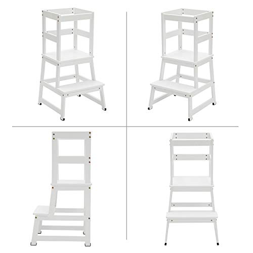 Kitchen Step Stool for Kids and Toddlers with Safety Rail Children Standing Tower for Kitchen Counter, Parents' Helper Kids Learning Stool, White