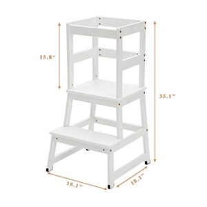 Kitchen Step Stool for Kids and Toddlers with Safety Rail Children Standing Tower for Kitchen Counter, Parents' Helper Kids Learning Stool, White