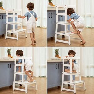 Kitchen Step Stool for Kids and Toddlers with Safety Rail Children Standing Tower for Kitchen Counter, Parents' Helper Kids Learning Stool, White