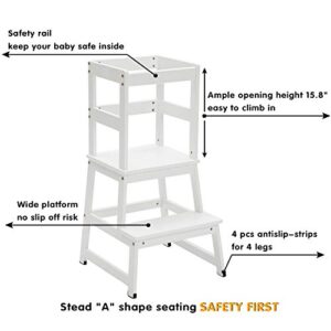 Kitchen Step Stool for Kids and Toddlers with Safety Rail Children Standing Tower for Kitchen Counter, Parents' Helper Kids Learning Stool, White