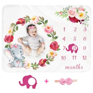 baby monthly milestone blanket girl - newborn month blanket personalized shower gift soft fleece photography background photo prop floral elephant blanket with frame headband large 51''x40''