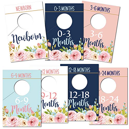 Baby Closet Size Dividers, Floral Baby Closet Organizer for Girl, Newborn Nursery Wardrobe Divider Hangers to Arrange Clothes with Separator by Size or Age, Baby Shower, 0-24 Months.