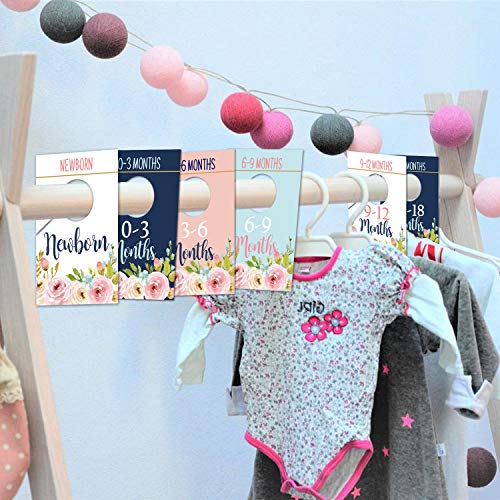 Baby Closet Size Dividers, Floral Baby Closet Organizer for Girl, Newborn Nursery Wardrobe Divider Hangers to Arrange Clothes with Separator by Size or Age, Baby Shower, 0-24 Months.