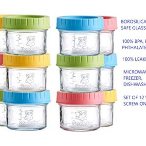 PandaEar (12 Pack) Glass Baby Food Storage Jars | 4 oz Reusable Small Containers Freezer Storage with Airtight Lids Leak Proof | Microwave & Dishwasher Safe | Infants Kids Babies