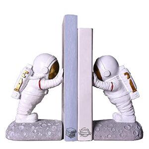joyvano astronaut bookends - book ends to hold books - space decor bookends for kids rooms - bookends for heavy books - unique book holders with anti-slip base (gold)