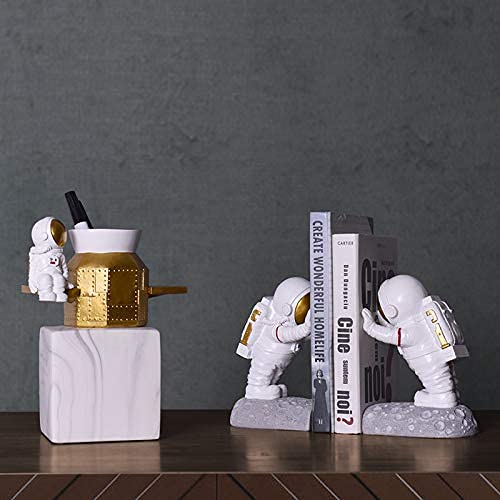 Joyvano Astronaut Bookends - Book Ends to Hold Books - Space Decor Bookends for Kids Rooms - Bookends for Heavy Books - Unique Book Holders with Anti-Slip Base (Gold)