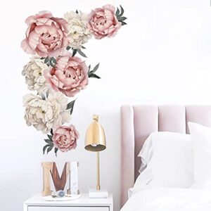 Flowers Wall Decals Floral Wall Stickers Peel and Stick Pink Peonies Wall Murals Rose Flower Wall Decor for Bedroom Girls Room Living Room Nursery