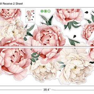 Flowers Wall Decals Floral Wall Stickers Peel and Stick Pink Peonies Wall Murals Rose Flower Wall Decor for Bedroom Girls Room Living Room Nursery